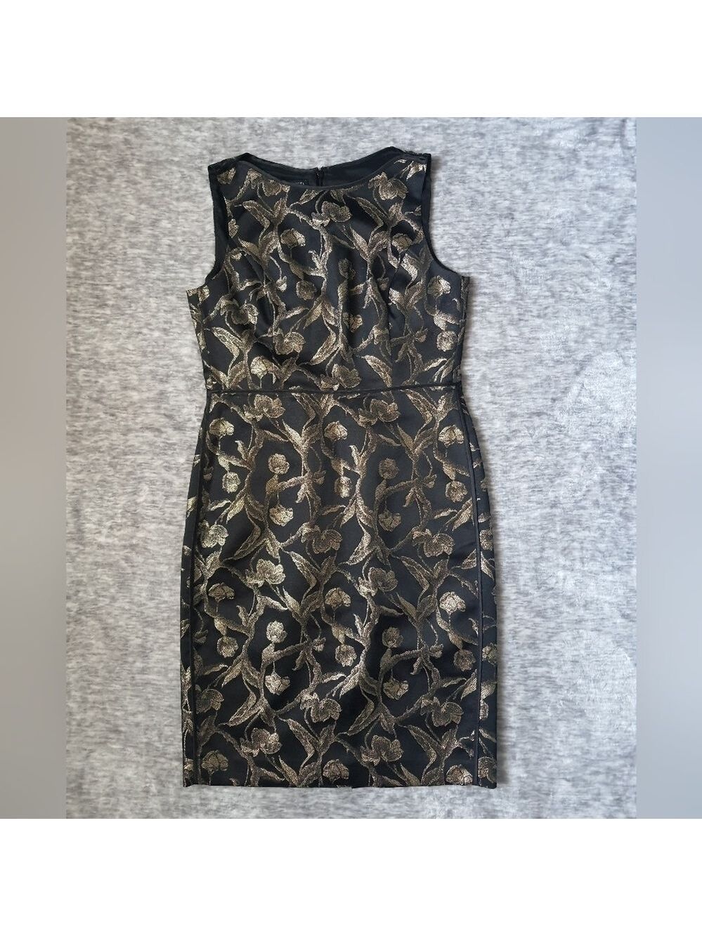Talbots Sleeveless Gold Floral Midi Sheath Party Dress with Pockets Black Size 8 - Picture 8 of 10